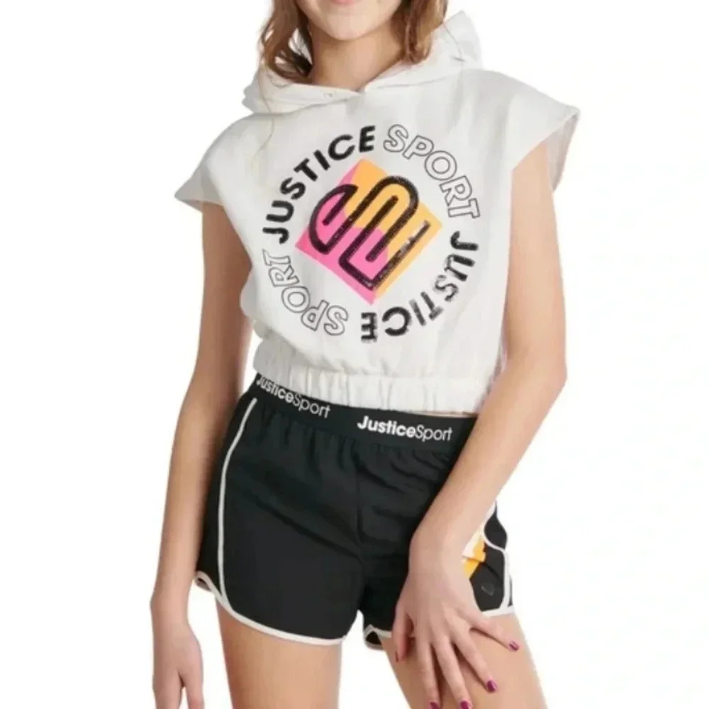 Justice Girls J-Sport Cut Off Hoodie Size Small (7/8) White Black Sequins